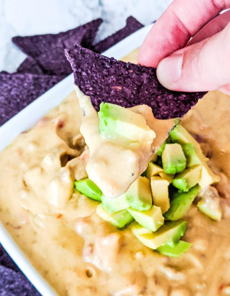 Closeup of person holding a chip that has been dipped in dairy free queso.